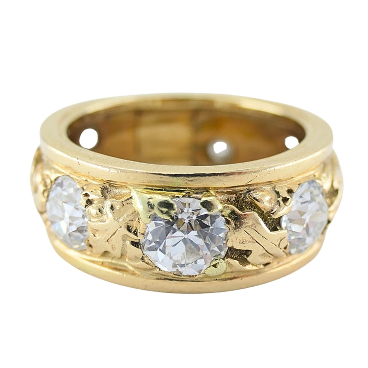 Vintage Diamond Band 14k Gold Leaf Motif Ring