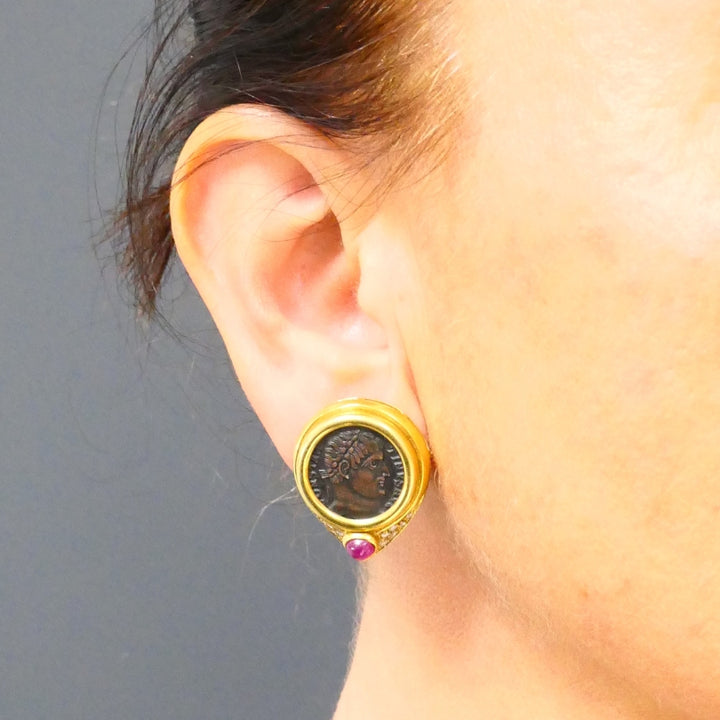 Ancient Coin 18k Gold Earrings Ruby