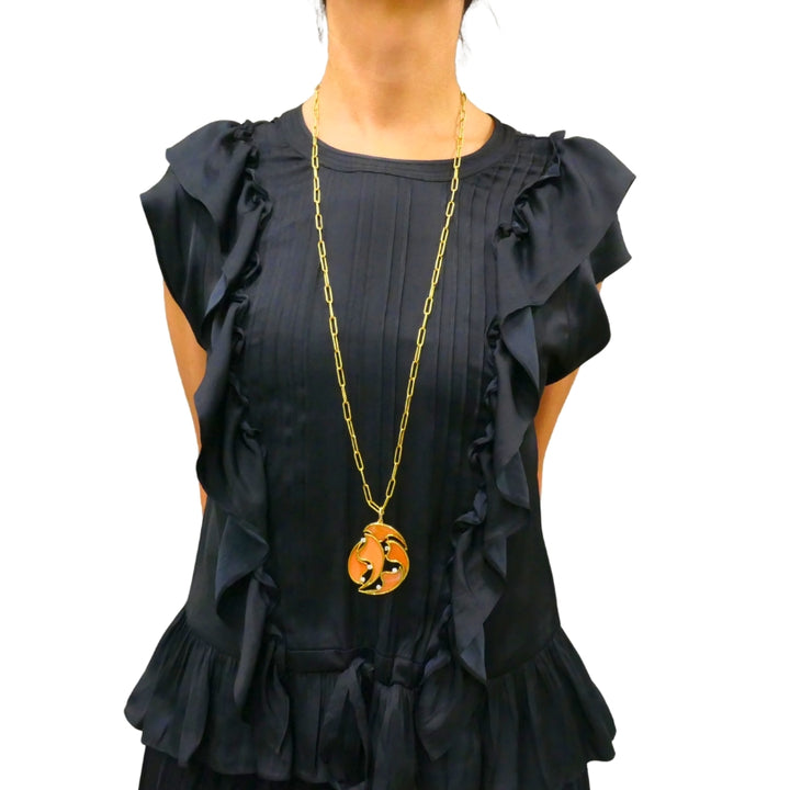 French 18k Diamond Coral Pendant 14k Gold Chain Necklace