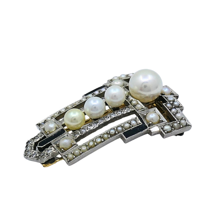 Art Deco Palladium Pearl Diamond Geometric Pin Brooch