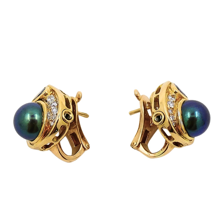 Vintage Marina B Earrings 18k Gold Black Pearl Gemstones