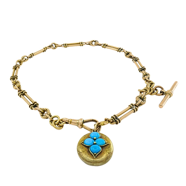 Antique 9k Gold Necklace Toggle Turquoise Locket