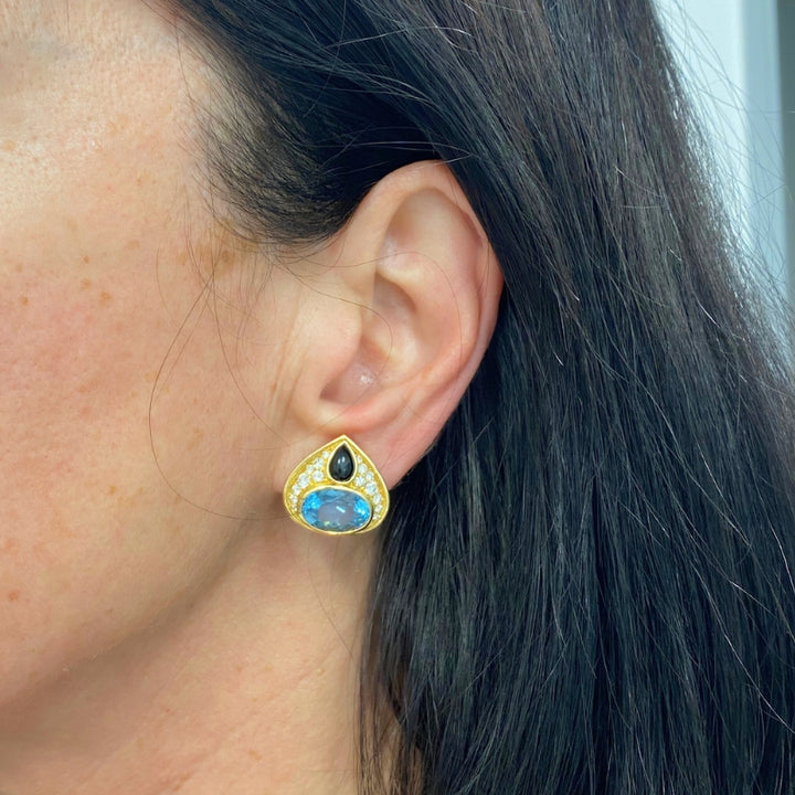 Marina B 18k Gold Topaz Onyx & Diamond Clip-On Earrings