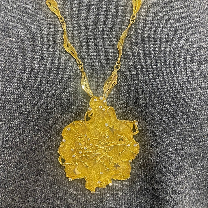 Zodiac Sign Necklace Sagittarius Brutalist Design 14k Gold Diamond