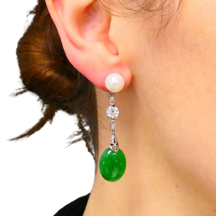 Art Deco Jade Earrings Platinum Pearls Old European Cut Diamonds Estate Jewelry