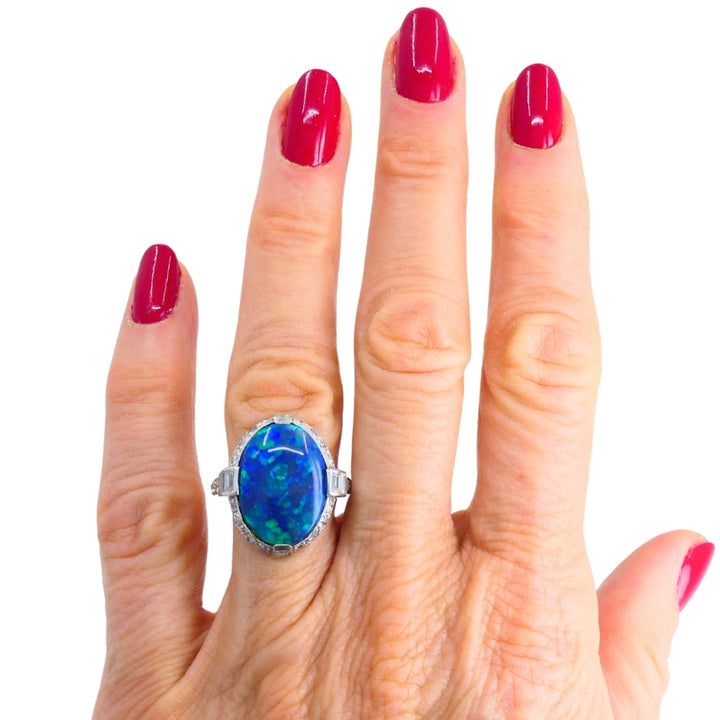 Art Deco Black Opal Ring Platinum Diamond Estate Jewelry