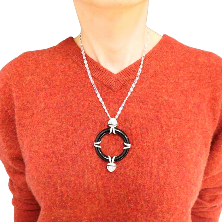 Art Deco Platinum Onyx Pendant on Modern Gold Diamond Chain Necklace