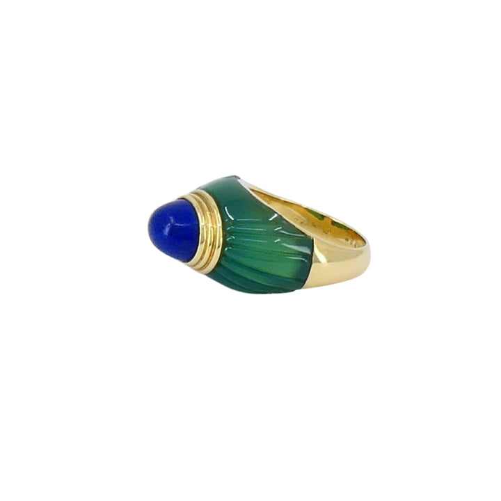 1980's Boucheron Jaipur Ring 18k Gold Chrysophrase Lapis Lazuli Original Pouch