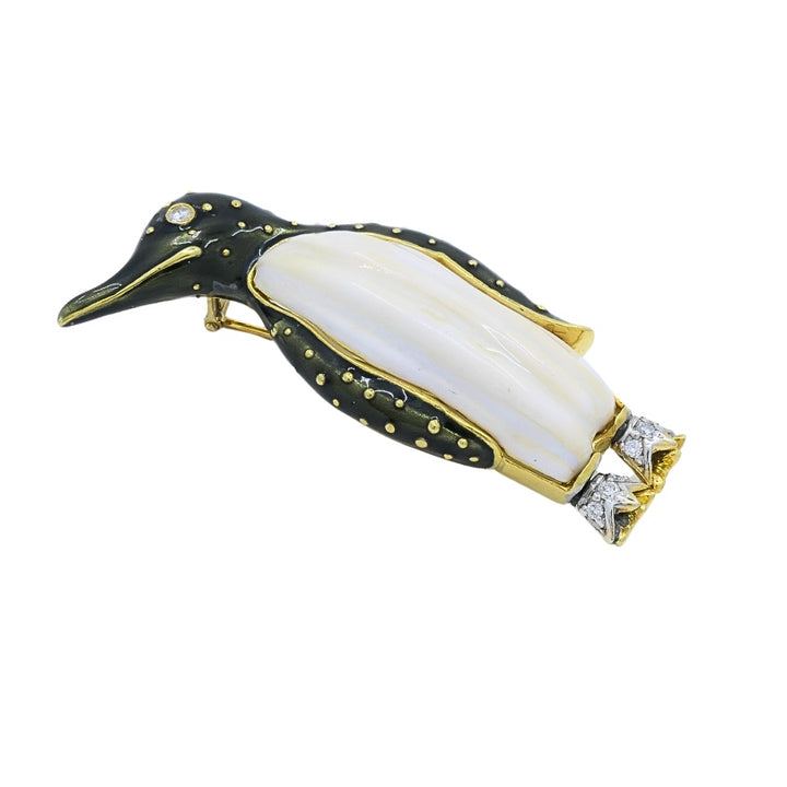 Aldo Cipullo for Cartier Brooch Penguin Enamel Diamond 18K Gold