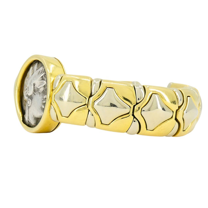 Bulgari Monete Silver Ancient Coin 18k Two Tone Gold Cuff Bracelet