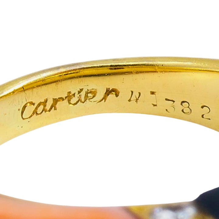 Vintage Cartier Set Coral Onyx Diamond 18k Gold Ring and Earrings Estate Jewelry