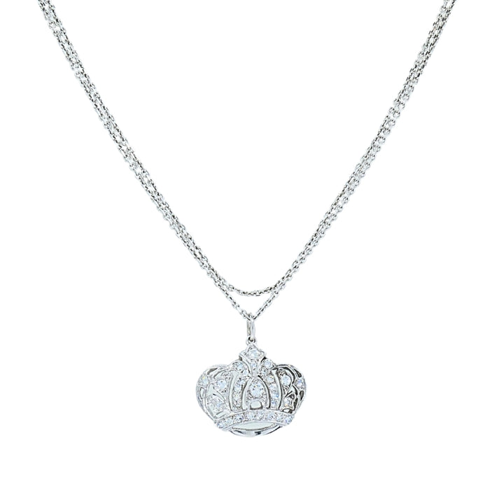 14k White Gold Diamond Crown Pendant Necklace