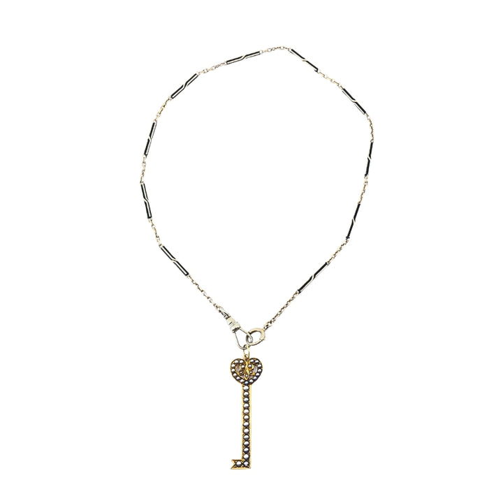 14k Gold Key Pendant Necklace Pearls and Black Enamel