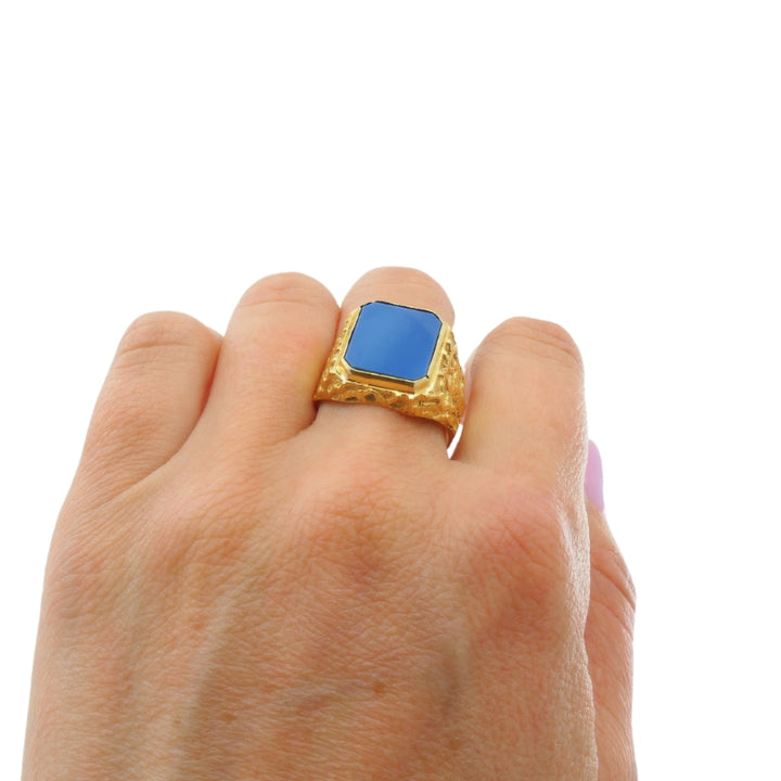 18k Gold Signet Ring Blue Agate Men’s Ring