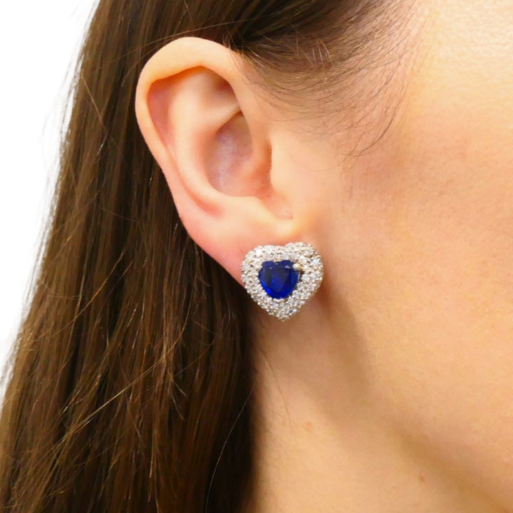 Vintage Heart Shaped Earrings Platinum Diamond Heart Cut Sapphire Estate Jewelry