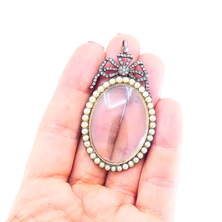 Antique 10k Gold Pearl Locket Pendant Diamond Accent Original London Box