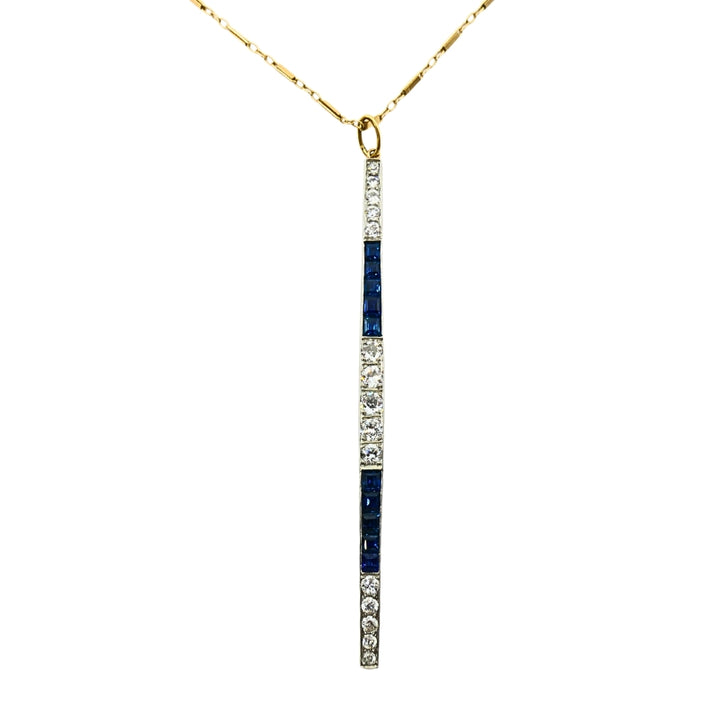1920s Platinum Bar Pendant Sapphire Diamond & 14k Gold Chain Necklace