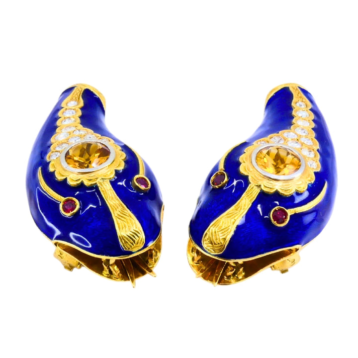 Vintage French 1950s Snake Earrings 18k Gold Platinum Blue Enamel Gemstones