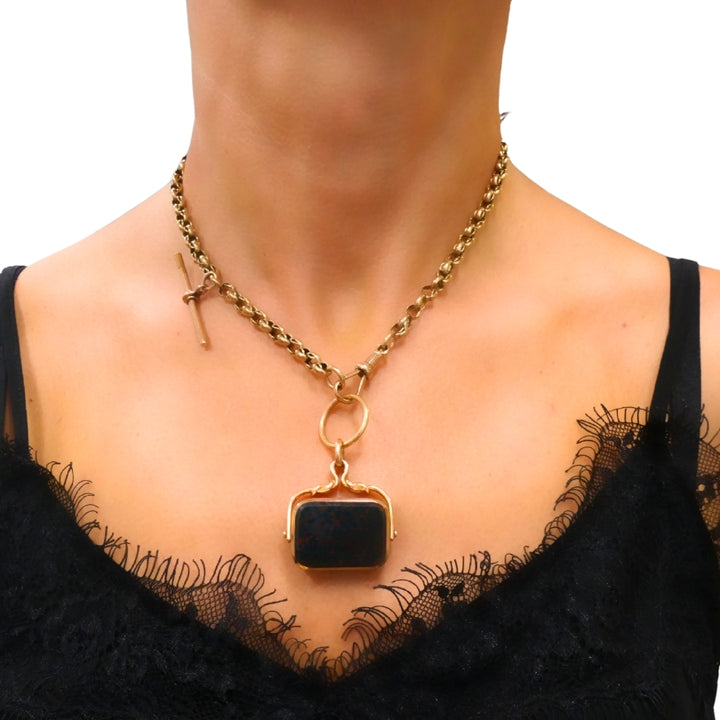 Antique 9k Gold Albert Chain Necklace Bloodstone Agate Pendant