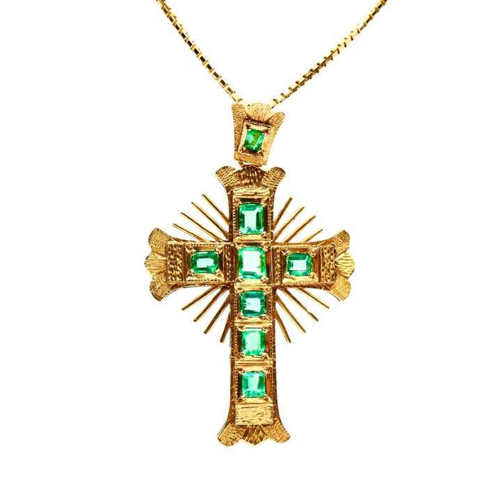 18k Gold Cross Pendant Emerald Vintage Italy