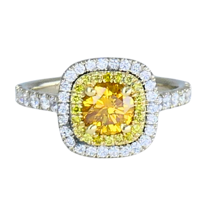 14k White Gold Ring Fancy Yellow Orange Diamond GIA Double Halo Estate Jewelry