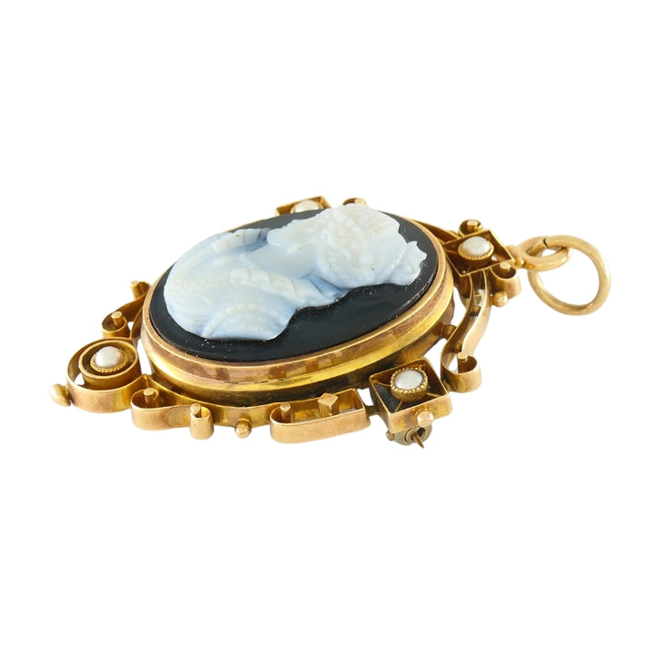 Antique 12k Gold Agate Cameo Pendant Brooch Seed Pearls