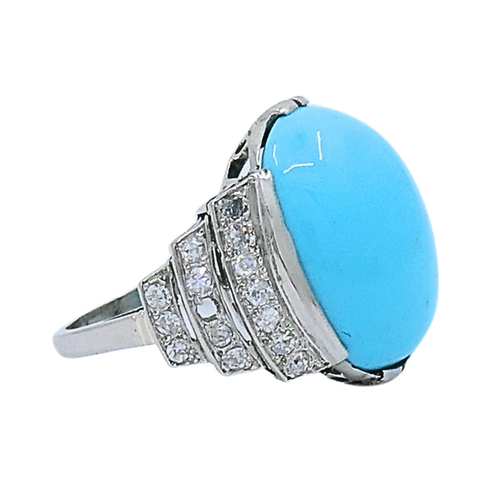 French Turquoise Ring Diamond 18k White Gold
