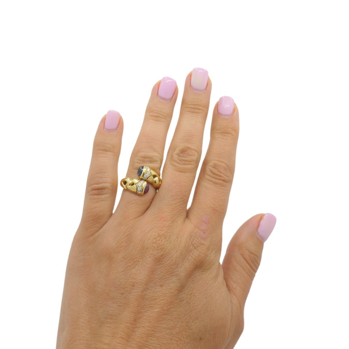 Bulgari Doppio Cuore Bypass Ring Gold Diamond Gemstones