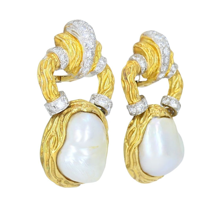 Vintage Wander 18k Gold Diamond Pearl Clip Earrings