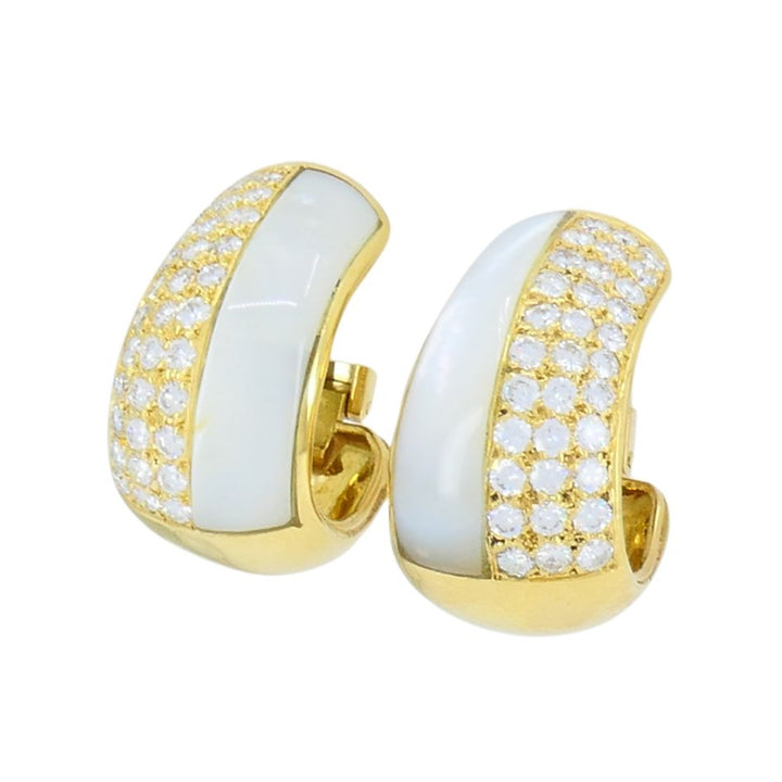 Vintage Bvlgari 18k Gold Diamond Mother of Pearl Hoop Earrings