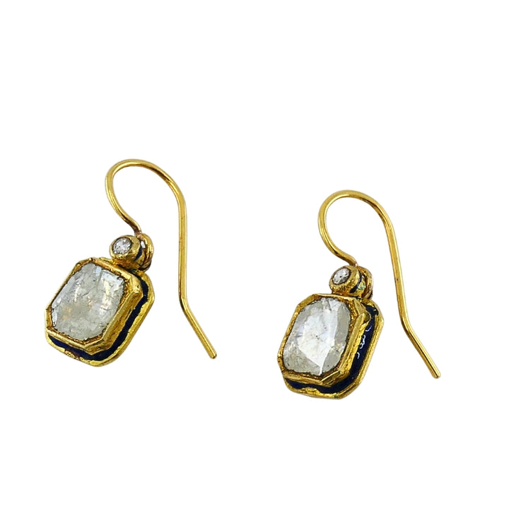 Antique 18k Gold Earrings Diamond Enamel Indian Origin