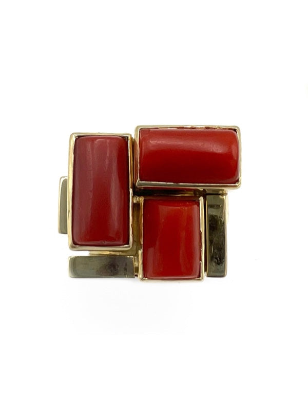 Mid Century Modern Yellow Gold and Coral Ring