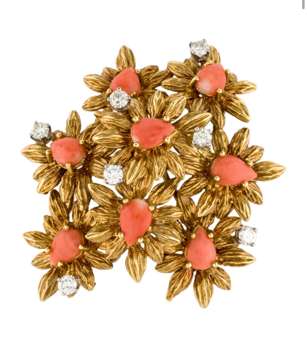18k Gold Coral Diamond Floral Brooch