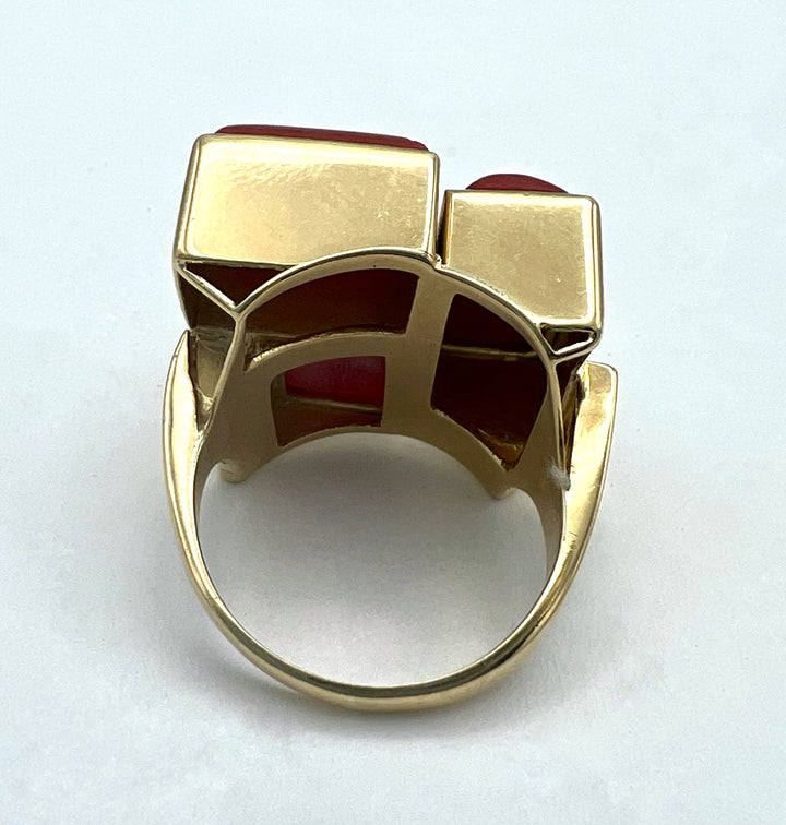 Mid Century Modern Yellow Gold and Coral Ring