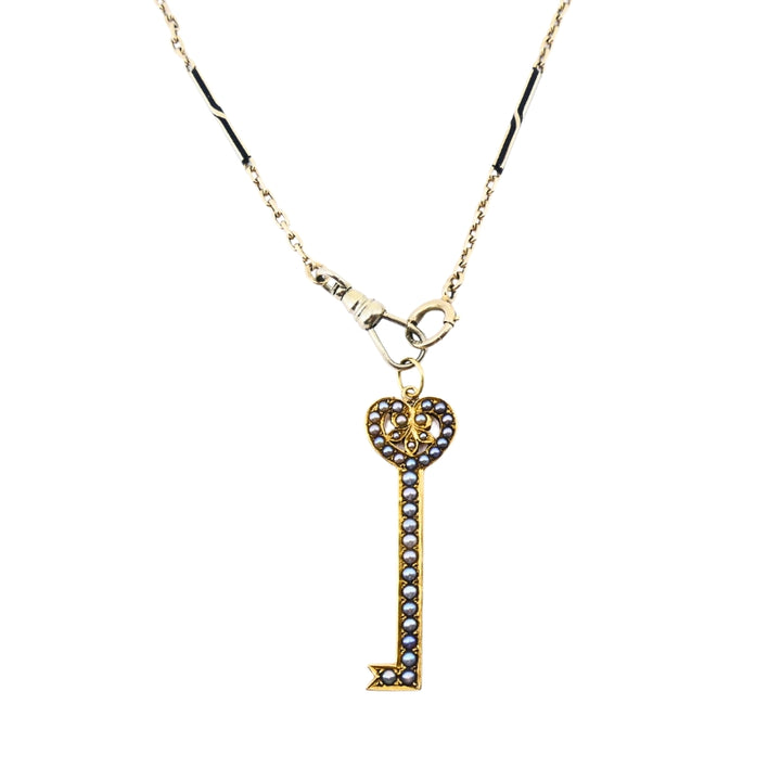 14k Gold Key Pendant Necklace Pearls and Black Enamel