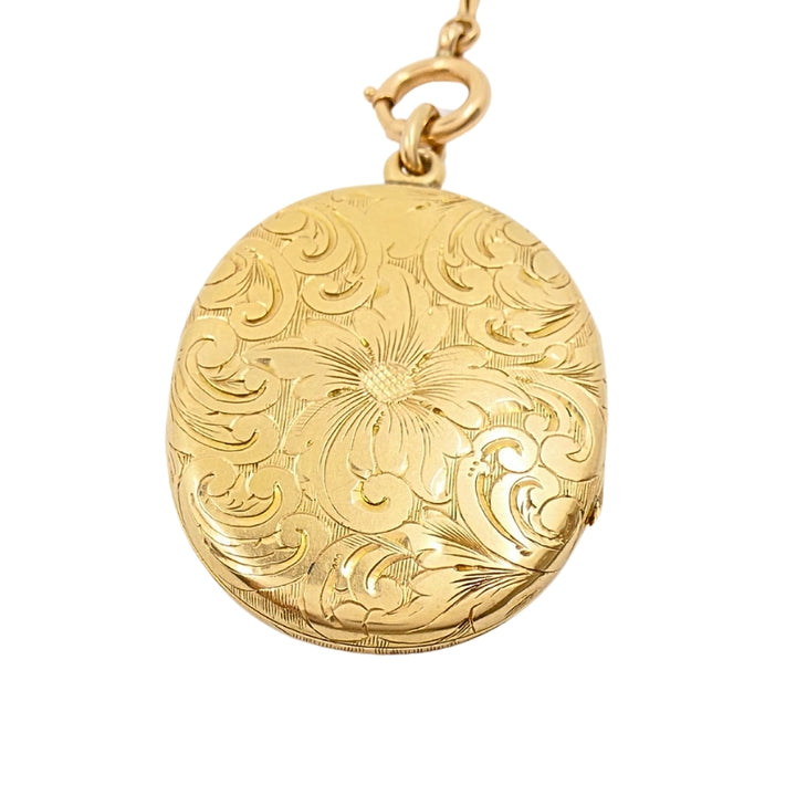 14k Gold Engraved Locket Pendant Gold Antique Watch Chain