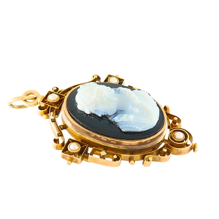 Antique 12k Gold Agate Cameo Pendant Brooch Seed Pearls
