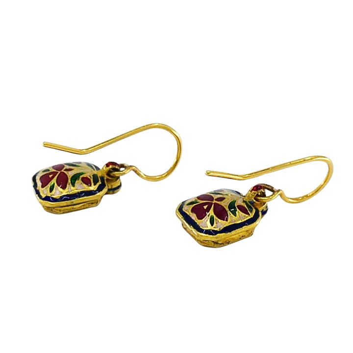 Antique 18k Gold Earrings Diamond Enamel Indian Origin