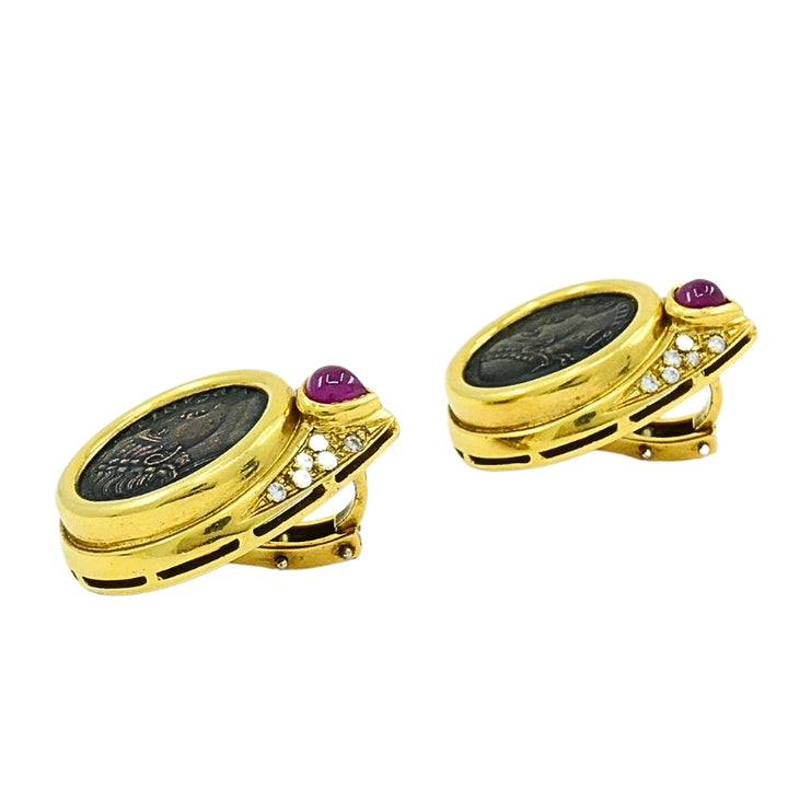 Ancient Coin 18k Gold Earrings Ruby