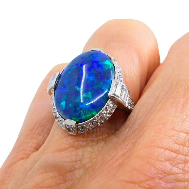 Art Deco Black Opal Ring Platinum Diamond Estate Jewelry