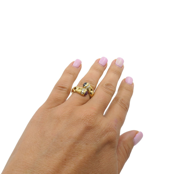 Bulgari Doppio Cuore Bypass Ring Gold Diamond Gemstones