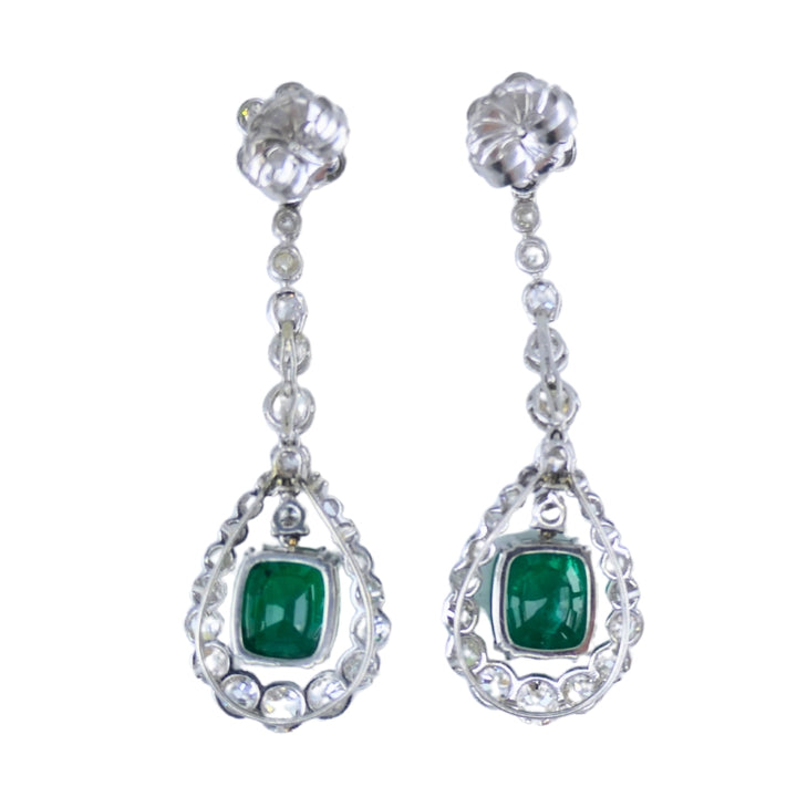 Art Deco Drop Earrings Platinum Diamond Emerald Cushion Cut Estate Jewelry