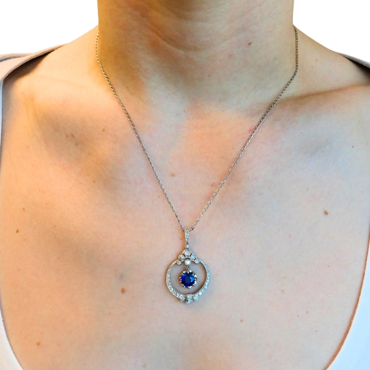 Edwardian Necklace Platinum Sapphire Diamond Pendant Vintage Jewelry Art Deco