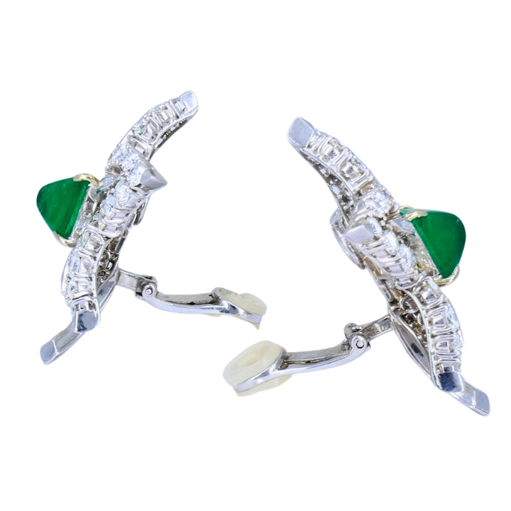 Vintage Platinum Diamond Floral Earrings Sugarloaf Emerald Estate Jewelry
