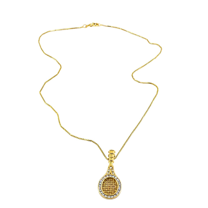 14k Gold Diamond Tennis Racket Pendant Necklace