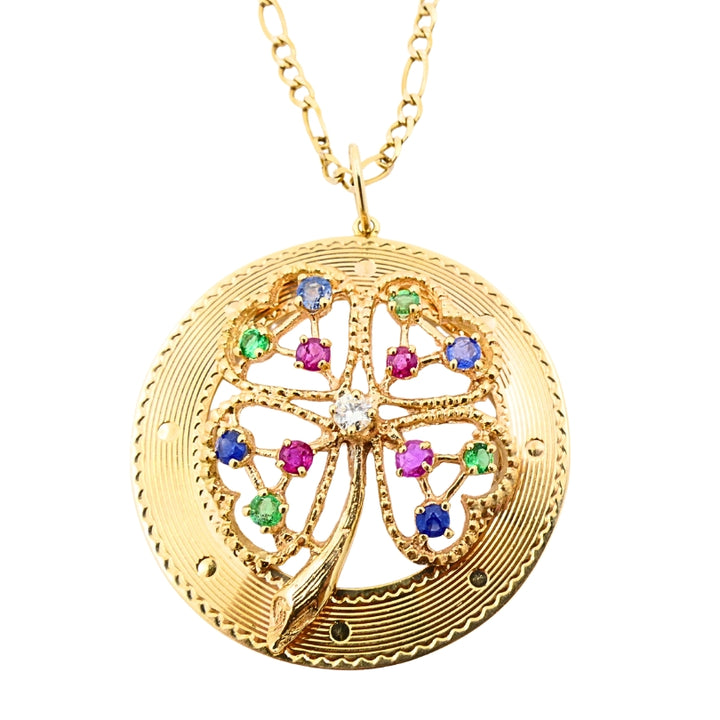 14K Gold  Gemstones Clover Pendant Necklace