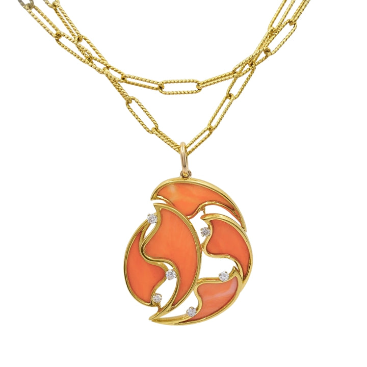 French 18k Diamond Coral Pendant 14k Gold Chain Necklace