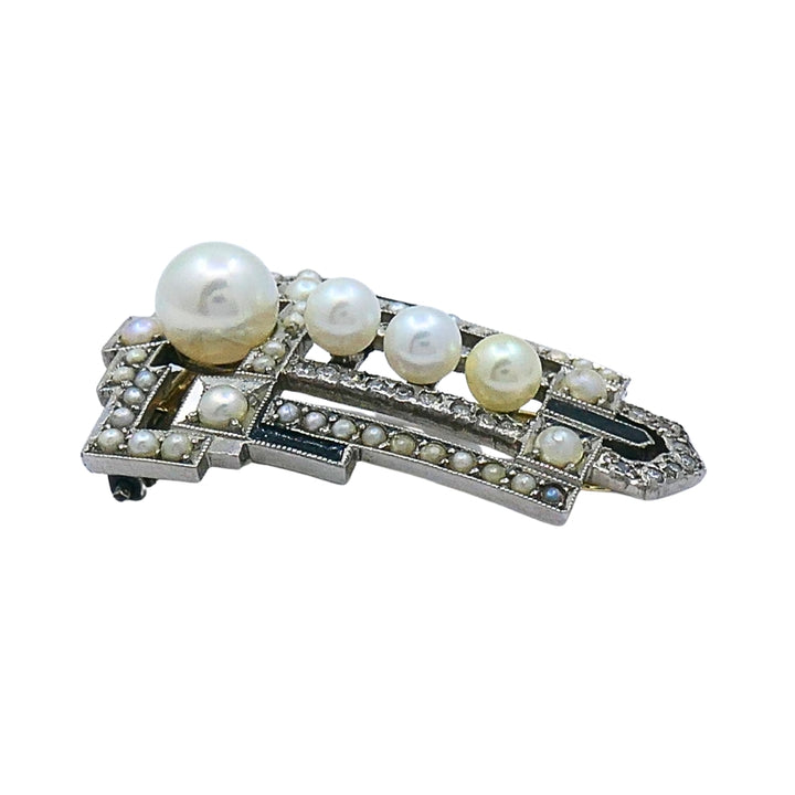 Art Deco Palladium Pearl Diamond Geometric Pin Brooch