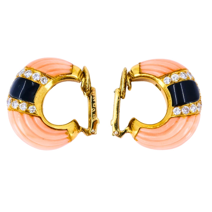 Vintage Cartier Set Coral Onyx Diamond 18k Gold Ring and Earrings Estate Jewelry