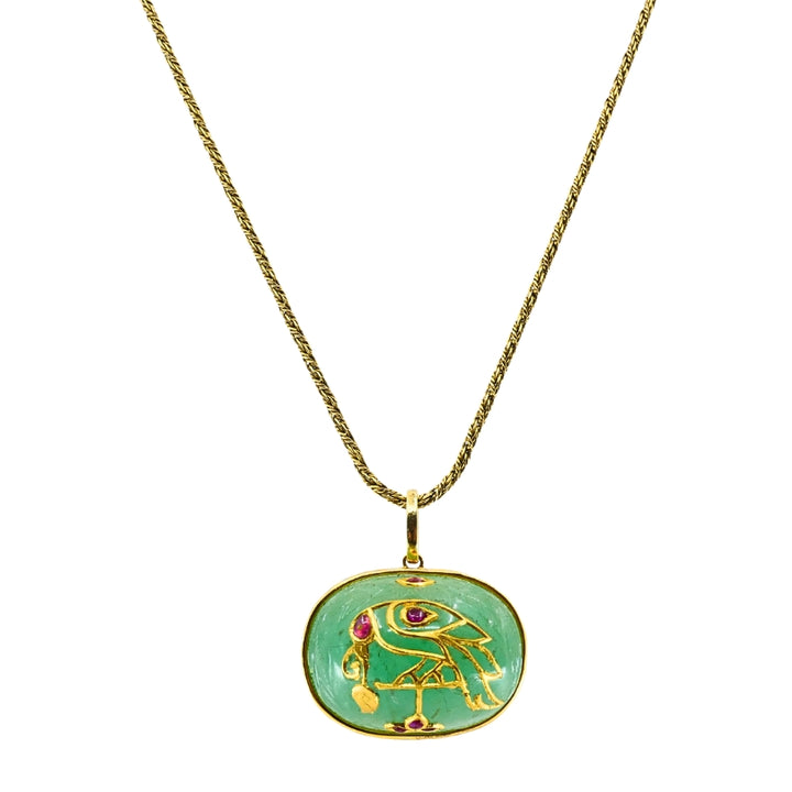 1930’s Yellow Gold, Carved Emerald and Ruby Pendant Chain Necklace
